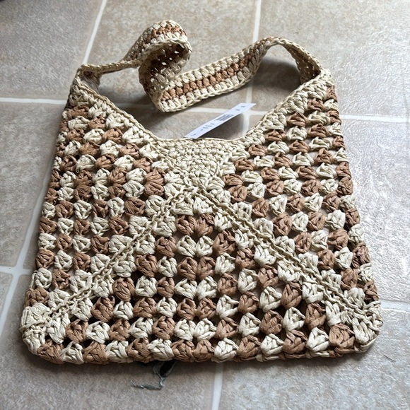 Cream and Tan Hobo Bag with Wooden Bead Design - Picture 6 of 8